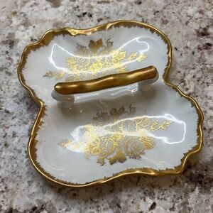 Vintage Hand-painted Limoges Porcelain Rose and Gold Divided Dish with Handle